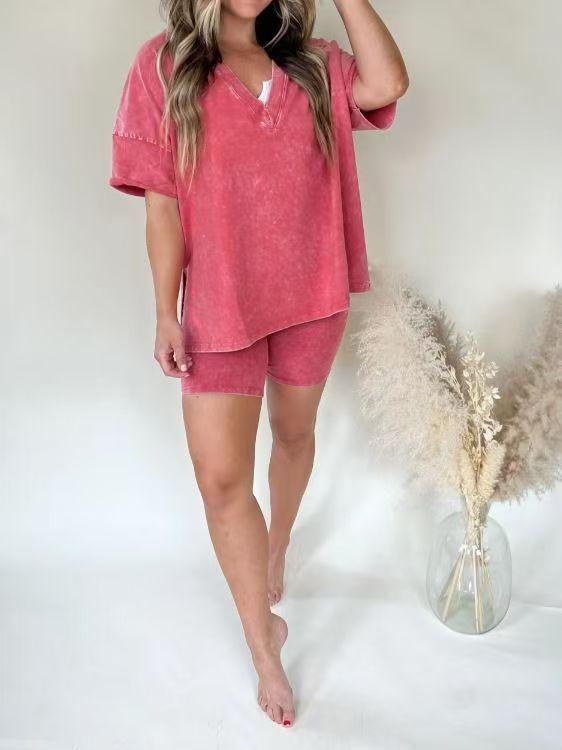 Women Washed 2 Piece SetLounge Set Oversized TopsBiker Shorts V Neck Drop