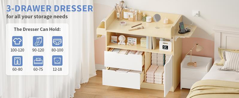LInor Baby Changing Table Dresser with 3 Drawers and 1 Storage Shelves, Baby Changing Station with Light Wooden and White Finish Newborn Nursery