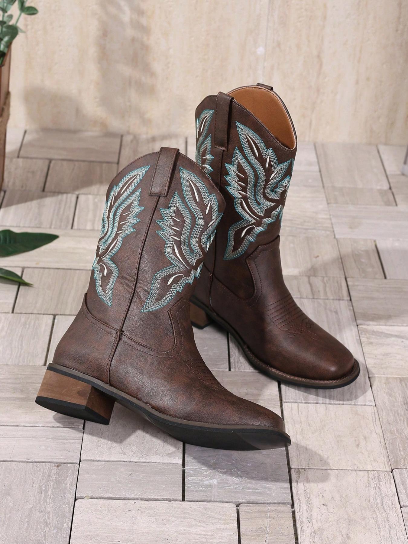 Women's Coffee Embroidered Square Toe Cowboy Boots, Mid-Calf Western Boot, Slip-On, Thick Heel, Ethnic Style, Winter Footwear