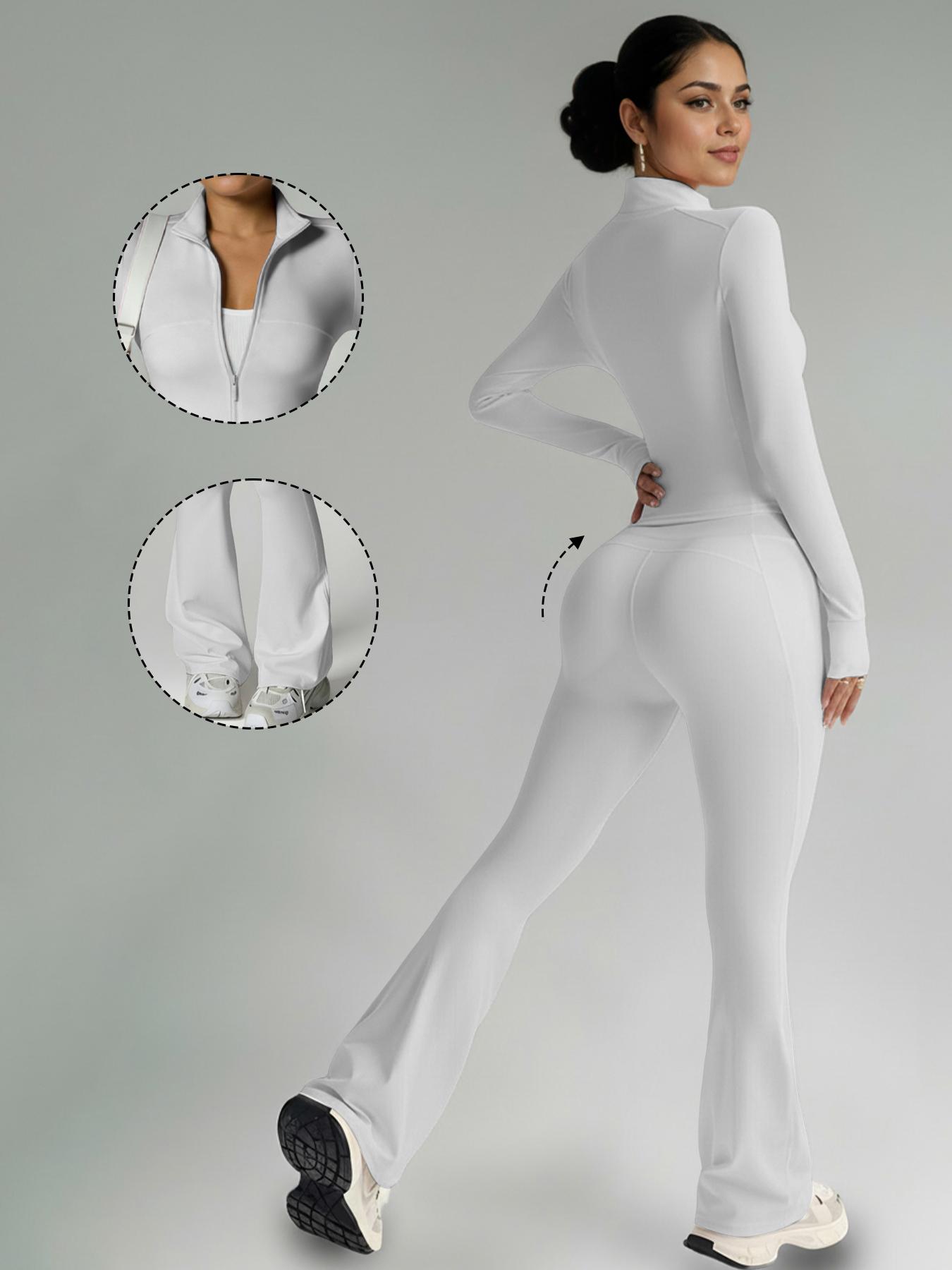 Women's Fashion Two-Piece Set, Slim Fit Long Sleeve Thumb Hole Cuffs, Zipper Front Jacket Style, High Waist Flared Pants, Fall & Winter Casual Wear