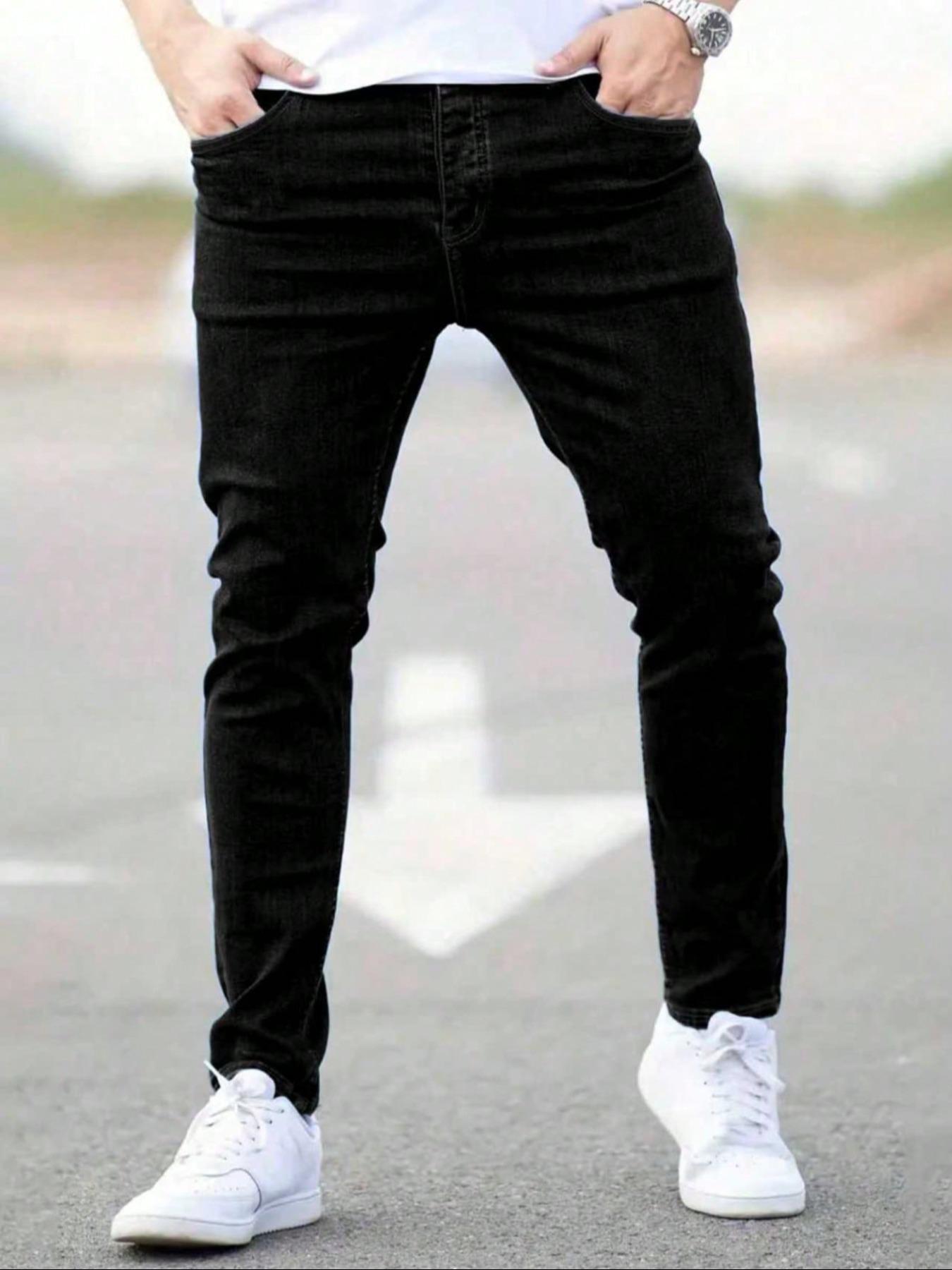 Men's Fitted Casual Solid Color Minimalist Jeans, Fashion Plain Pants, Elastic Straight Leg with Slant Pockets, Soft Cotton Fabric for All Seasons, Menswear elevated basics go to