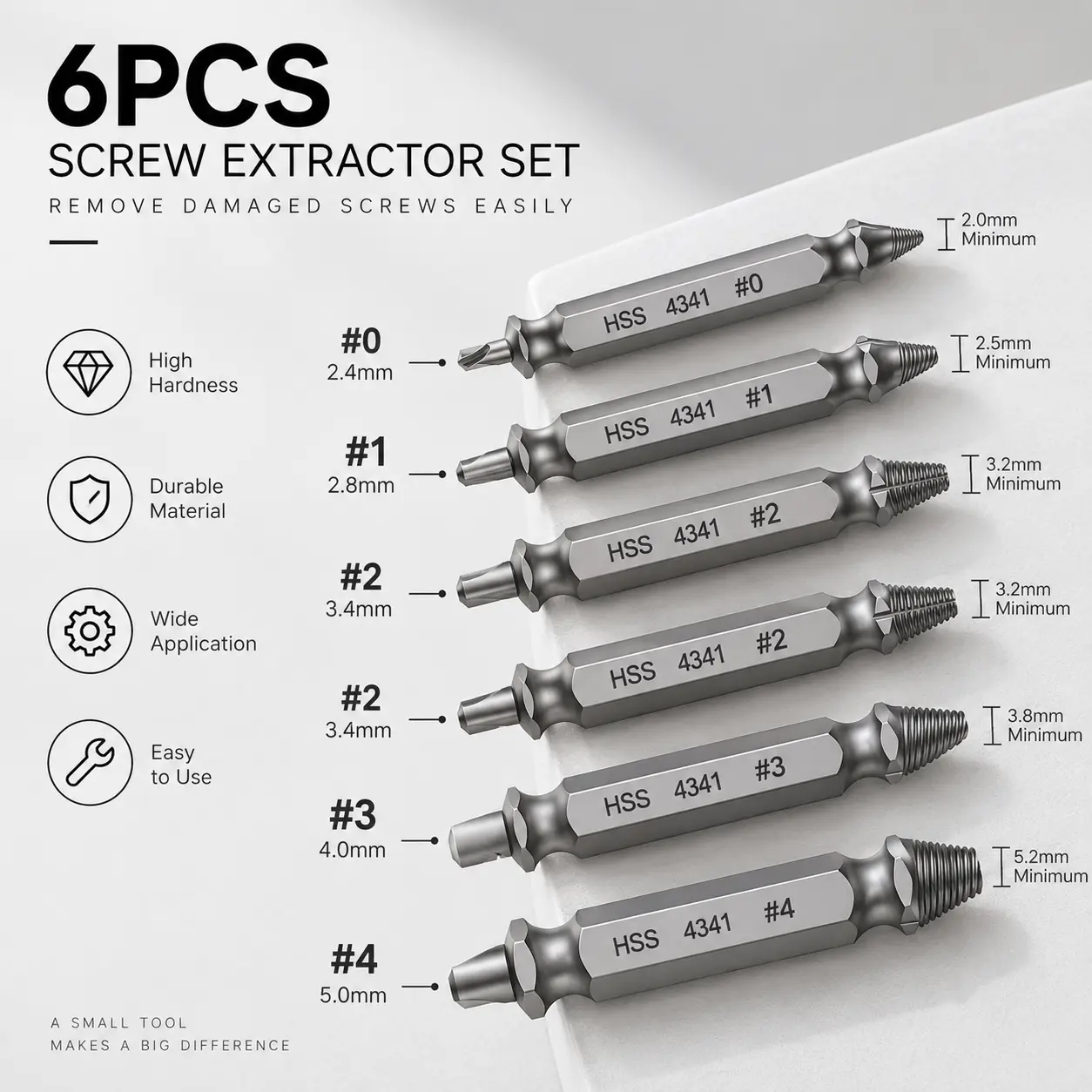 6Pcs Damaged Screw Bolt Extractor Set, Double-Head Removal Tool for Household Repair Tasks