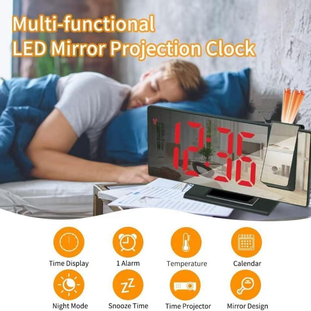 180° arm-extending projection alarm clock, LED projection digital alarm clock with USB interface, tabletop alarm clock, home decoration, suitable for bedrooms, deep sleepers, luminescent, mirror, Multifunctional alarm clock