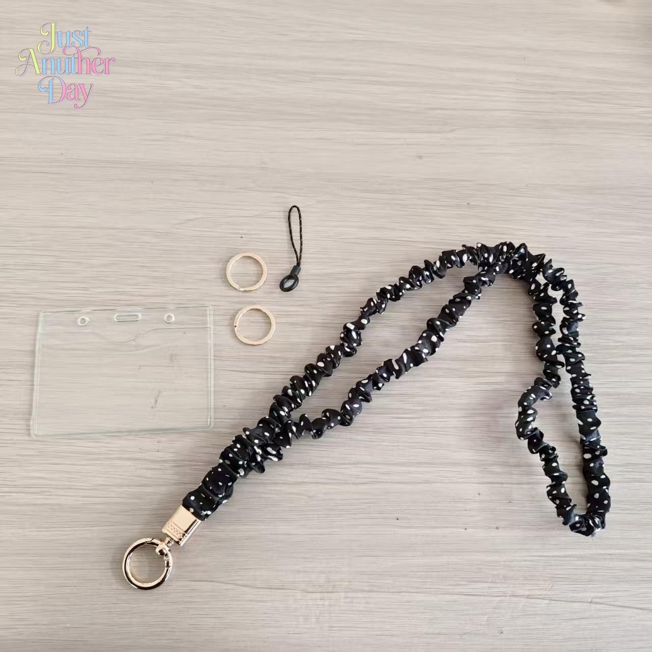 New Scrunchie Style Elastic Lanyard, stretchy pleated fabric strap with gold-tone hardware, multi-functional for ID badges, keys, and phones, available in trendy prints and solid colors, soft, comfortable, and durable for everyday use, Accessories, Mobile