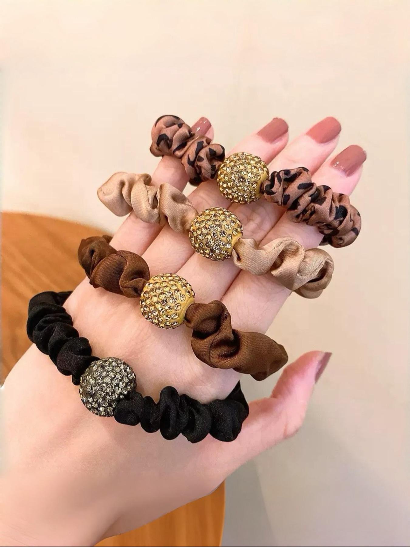 4-Pack Leopard Hair Scrunchies, High Elasticity Water Drill Ball Hair Bands, Fashionable All-Season Headbands for Women