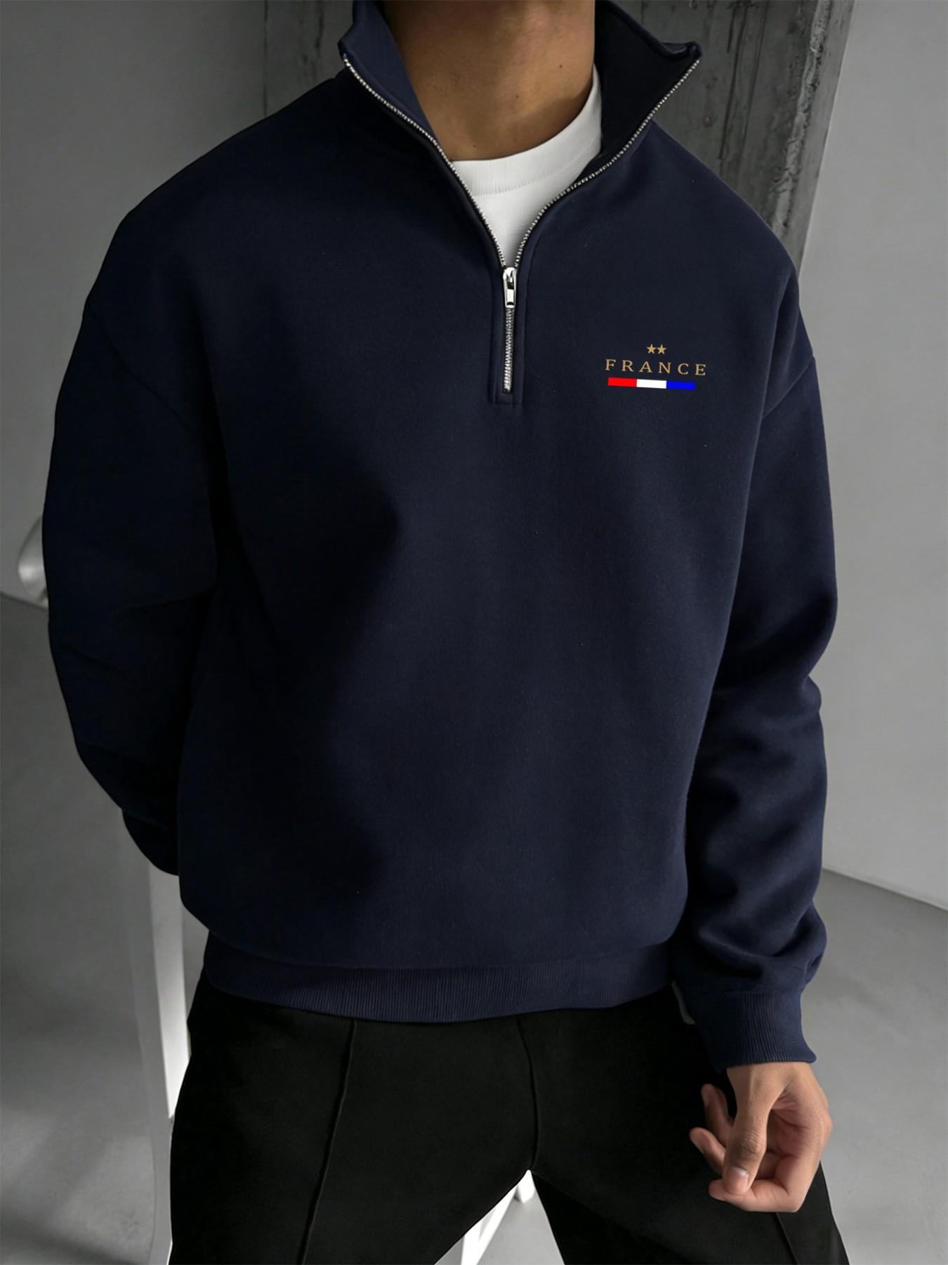 Men's Half-Zip Pullover Sweatshirt, French Blue Stripes, Casual Geometric Print, Loose Fit, Spring & Fall Fashion