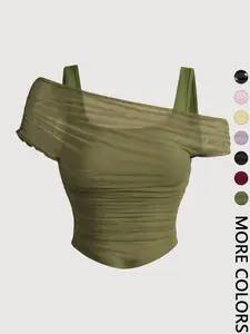 Women's Asymmetric Neckline Ruched Crop Top, Trendy Womenswear Mesh Top for Club, Date Night & Vacation
