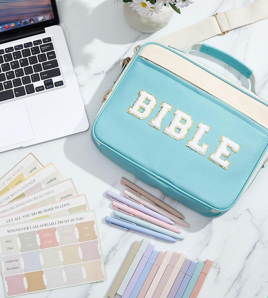 Bible Bag for Women, Floral Bible Bag 12x9x2.5in Large Chenille Letter Bible Cover PU Leather Bible Case with Tabs Colored Pen Highlighters Tote Bag with Shoulder Strap, Bible Journaling Kit Easter Gift for Church Women Girls,Sunday Prayer Supplies