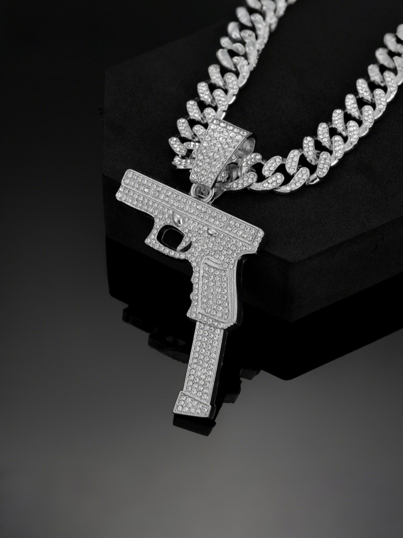 Hip Hop Gun Shape Zircon Pendant Necklace, Alloy Cuban Link Chain Street Style Art Culture Jewelry, Unisex Hipster Fashion Accessory