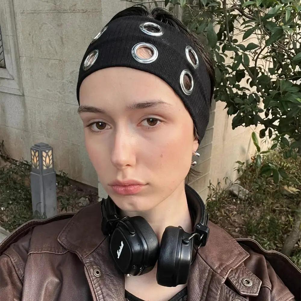 AWAYTR Buy One Get One Free Y2K Punk Girl Punk Grunge Hollowed Out Eyelets Elastic Wide Headband Fashion Rock Gothic Sports Headbands Hair Accessories