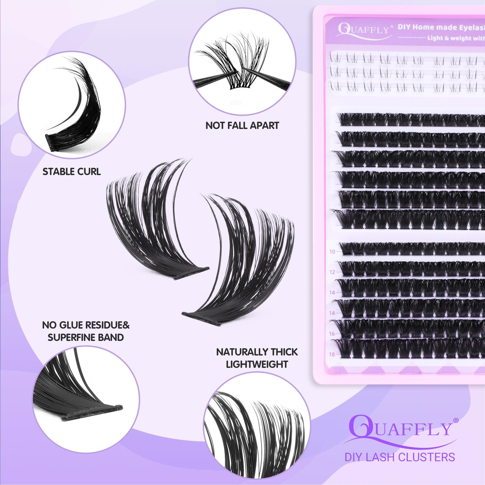 QUAFFLY Volume Eyelash Clusters Kit Diy Volume Eyelashes 120D Lash Clusters with Bottom Lashes Fluffy Cluster Eyelash Extensions 216 Pcs D Curl Lash Clusters Kit With Lash Bond and Seal Tweezers Brushes