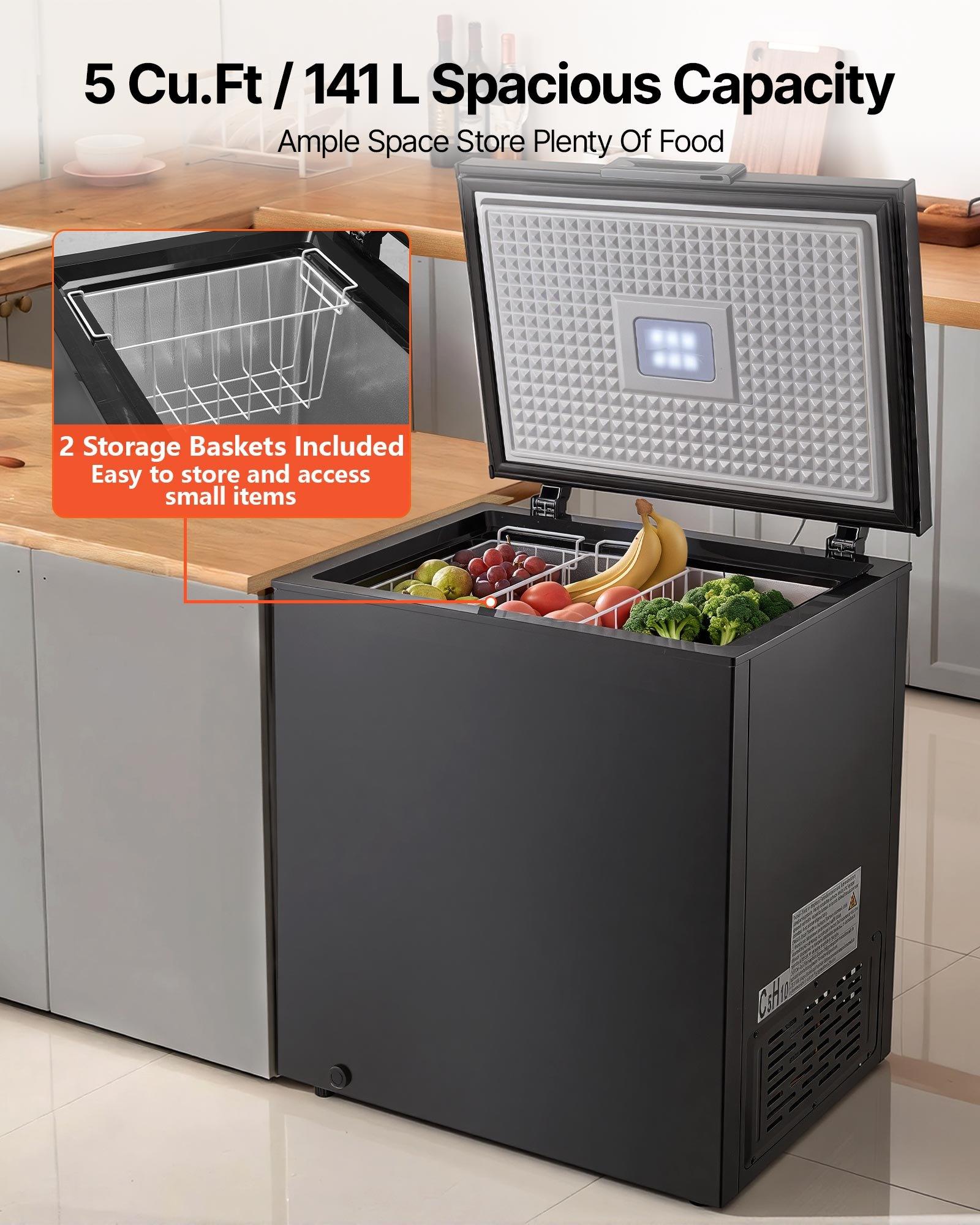 Chest Freezer, 5 Cu. ft Compact Deep Freezer, Free Standing Top Open Door Chest Freezers with 2 Removable Baskets Adjustable Thermostat - Energy Saving, Low Noise Garage Ready, Black