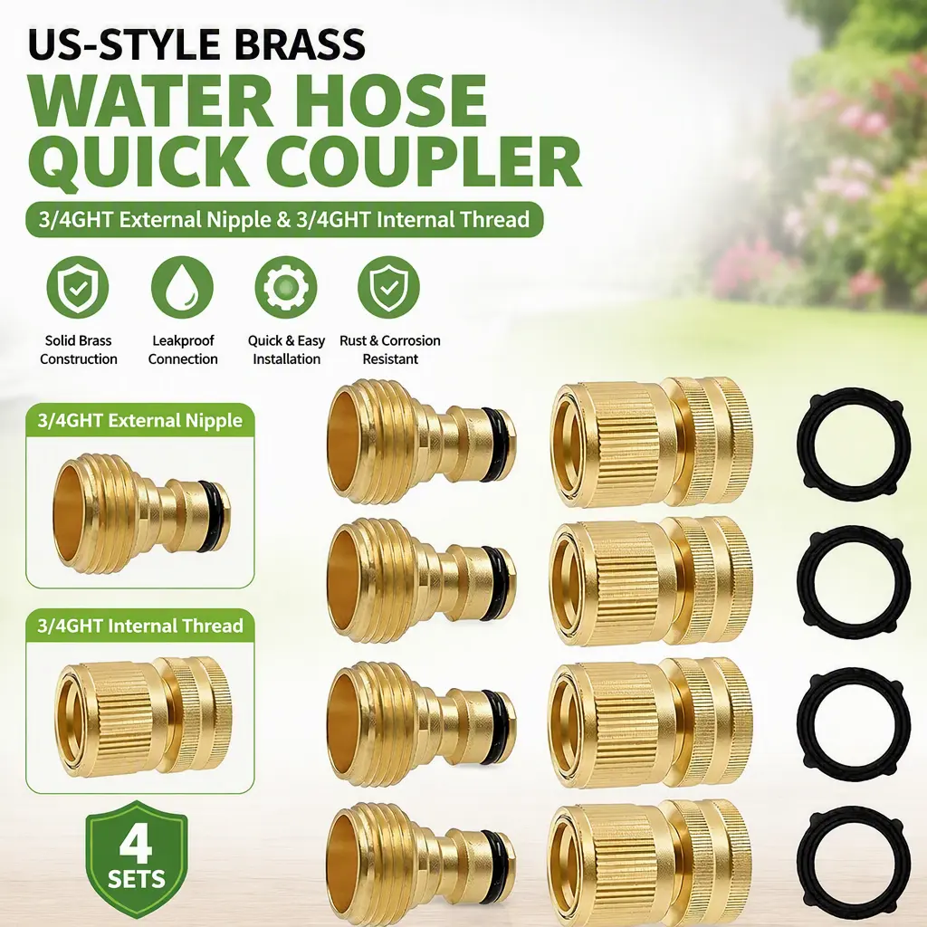 Garden Hose Brass Quick‑Connect Fitting, American‑Spec 3/4GHT Male Nipple with 3/4GHT Female Thread Adapter