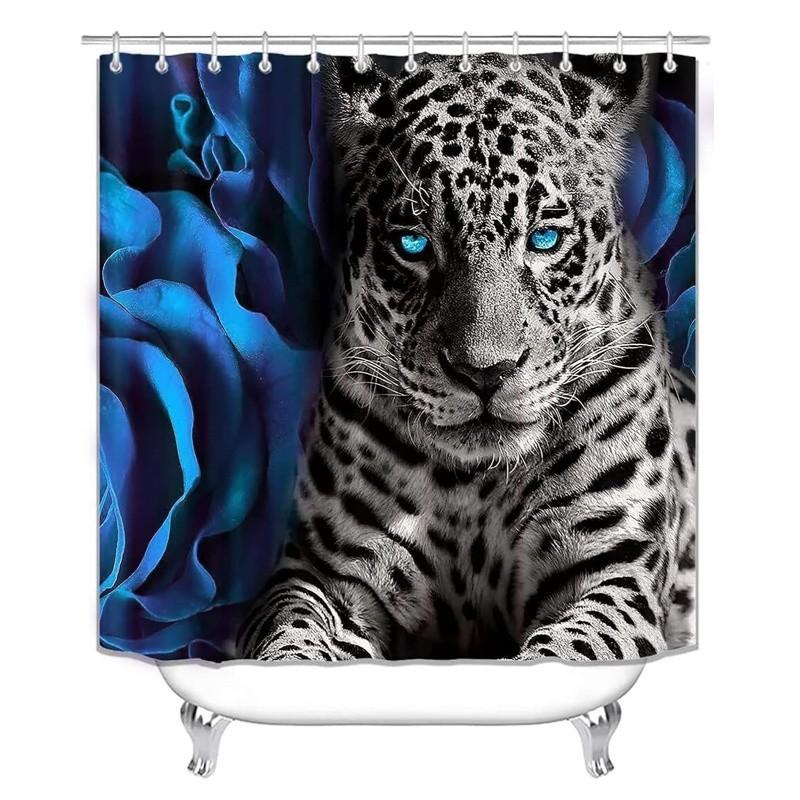 4 Piece Blue Rose and Leopard Bathroom Set with Shower Curtain and Rugs, Toilet Lid Cover and Non-Slip Mat, Blue Shower Curtain with 12 Hooks, Luxury Complete Bathroom Accessories Decor Set
