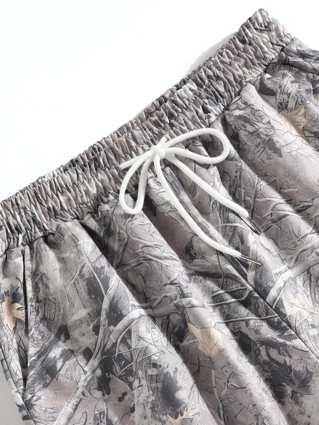 Women's Vintage Street Style Camo Knit Loose Sports Pants, Drawstring Waist, Summer Branch Print, Casual Wide Leg, All Seasons, Camo Sweatpants