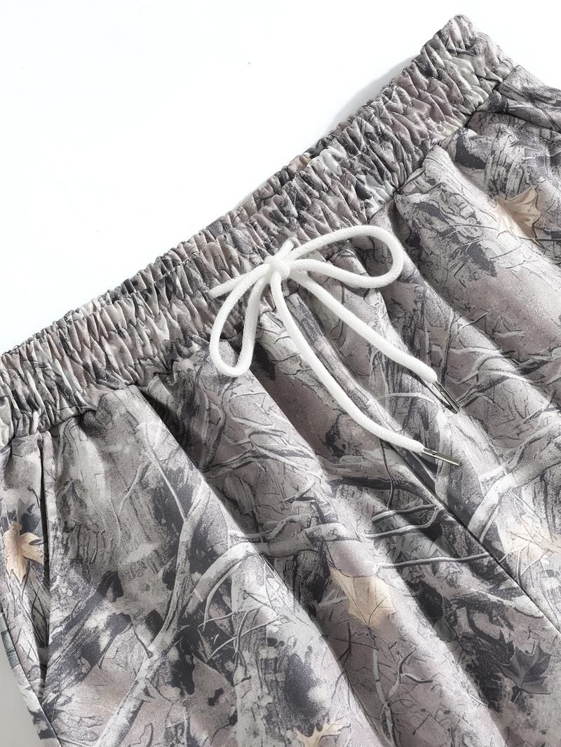 Women's Vintage Street Style Camo Knit Loose Sports Pants, Drawstring Waist, Summer Branch Print, Casual Wide Leg, All Seasons, Camo Sweatpants