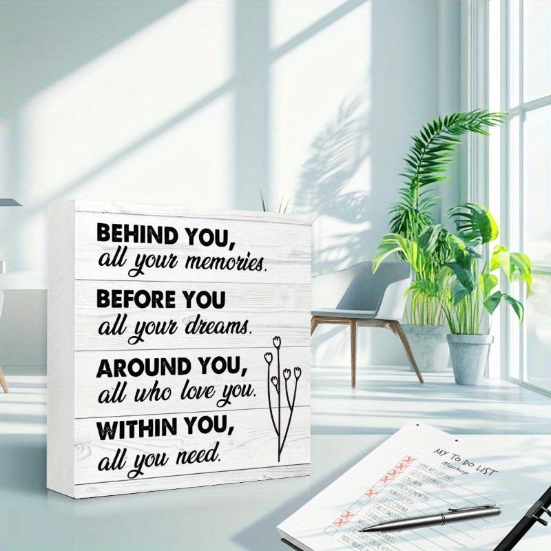 Inspirational Desk Decor for Women, Behind You All Your Memories Wood Box Sign, Small Motivational Living Room Bedroom Shelves Desk Decor Signs 5x5 INCH