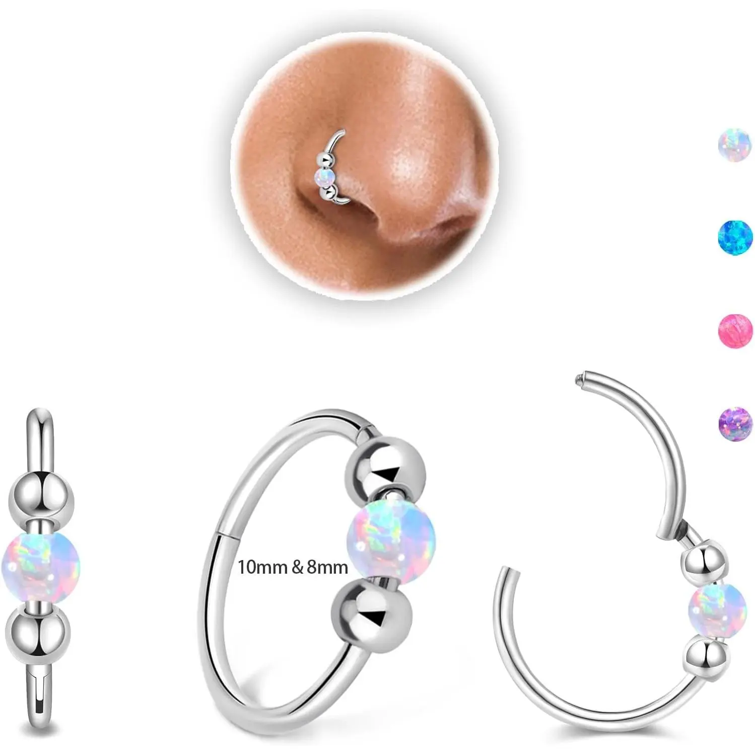 2PCS 18g Opal Nose Rings for Women Nose Hoops 8mm/10mm Hypoallergenic 316L Surgical Steel Nose Rings Piercing Jewelry Can Be Used as a Nose Ring, Septum Ring, and Cartilage Earring(Gift)