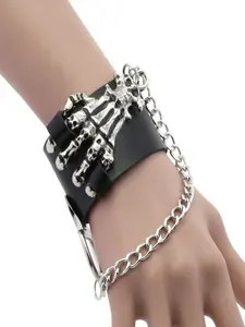 PU Leather Skeleton Hand With Drop Chain Wide Cuff Bracelet, Adjustable Snap Punk Gothic Biker Wristband, Unisex Dark Rock Alternative Jewelry for Men Women, Ideal for Halloween, Rock Concert, Cosplay & Birthday Holiday Gift