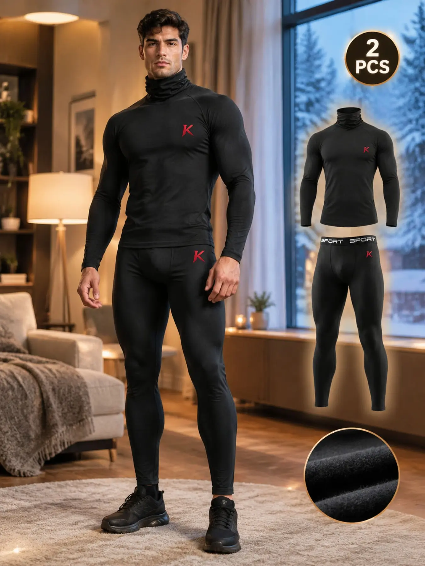 2 Pcs Men's Slim Fit Thermal Compression Set Black Turtleneck Long Sleeve Top & Fleece Lined Leggings with Red Letter K Chest & Thigh Print Winter Baselayer for Gym Skiing