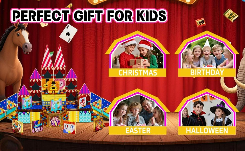【New Sticker Set】60PCS,1.48inch Creative Sticker Magnetic Tiles,Circus Series，Magnet Building Blocks Cubes Construction Stacking Educational Assembly Toy Preschool STEM Play Creative Playboard for Toddler Kids Ages 3+,Kids Toys best gift