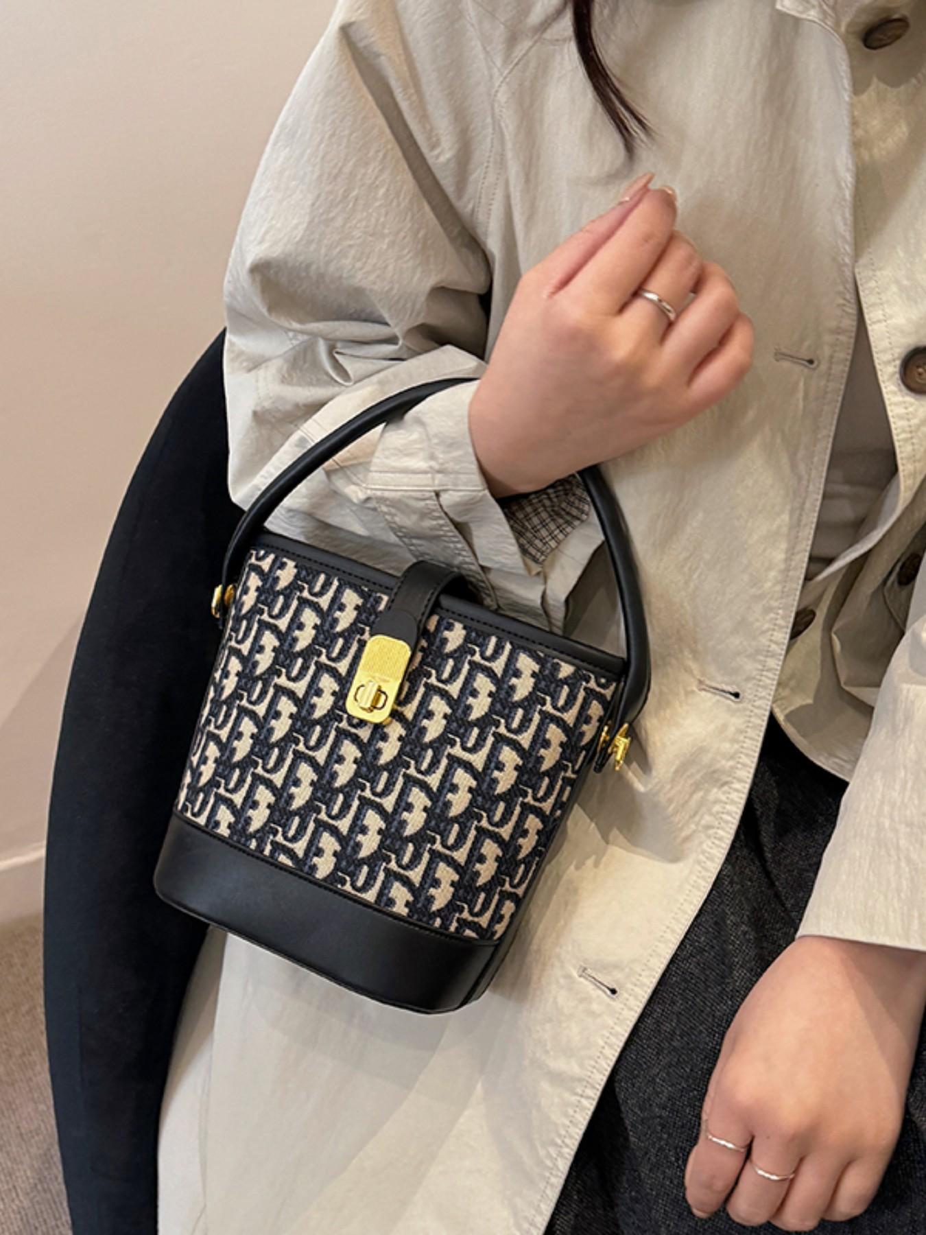 Elegant Embroidered Handbag, Canvas Bag, Versatile Bucket Bag, Compact Shoulder Crossbody, Perfect for Daily Commute & Shopping, Stylish Minimalist Design