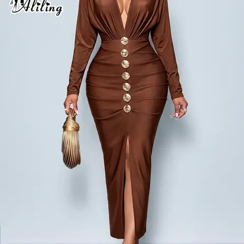 Aliling Women's Elegant Chic Deep V Neck Long Sleeve Waist Ruched Buttons Front Split Slim Fit Long Dress for Fall & Winter