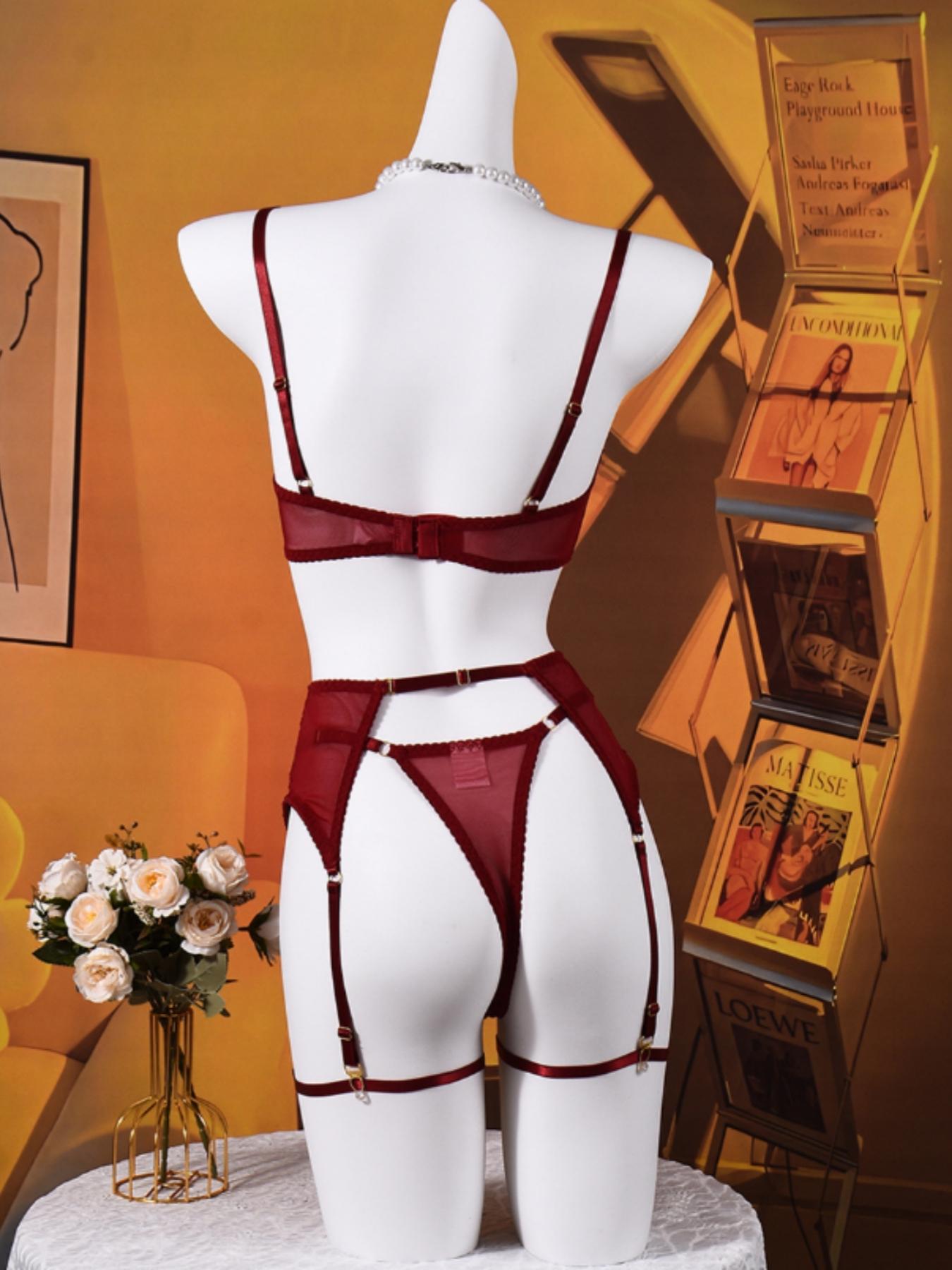Lovingerie Eyelash Lace Lingerie Set For Women, Strappy Underwire Bra With Sheer Cups, Adjustable Garter Belt, Matching Thong Panty And Leg Garters, Seductive Boudoir Outfit, Curves Flattering Nightwear Sleepwear.Perfectly Highlights Your Feminine Charm.
