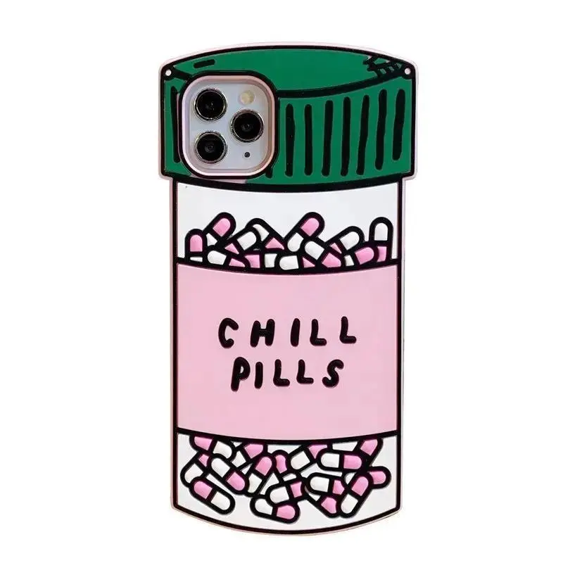 Fun Chill Pills iPhone Case Cute Pill Bottle Design Shockproof Protective Cover Trendy Daily Use For iPhone 16 promax 15 14 Pro Max 13 12 11 3D Cartoon Chill Pills Phone Case Medicine Bottle Soft Silicone Cover Shockproof Daily Essential