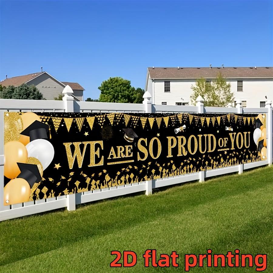 2D flat banner, 1 black gold graduation season banner We Are So Proud Of You Graduation party decoration background cloth European and American graduation ceremony courtyard layout Bachelor's hat balloon photo background wall Graduation Banner