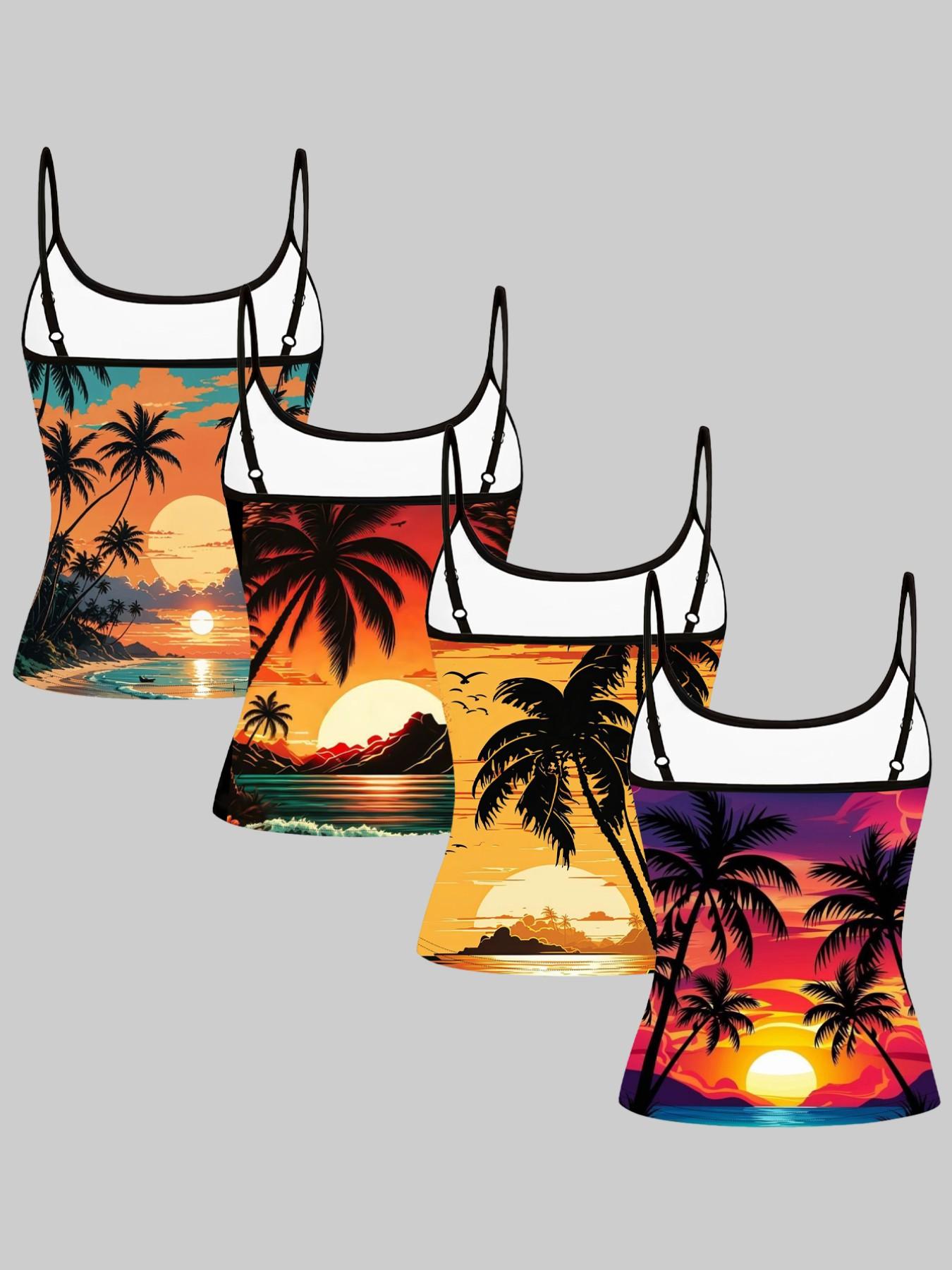 Beach Sunset Palm Tree Print Straps, Summer Home Sleepwear Outer Wear, Unique Slim Fit Top Set of Four Pieces