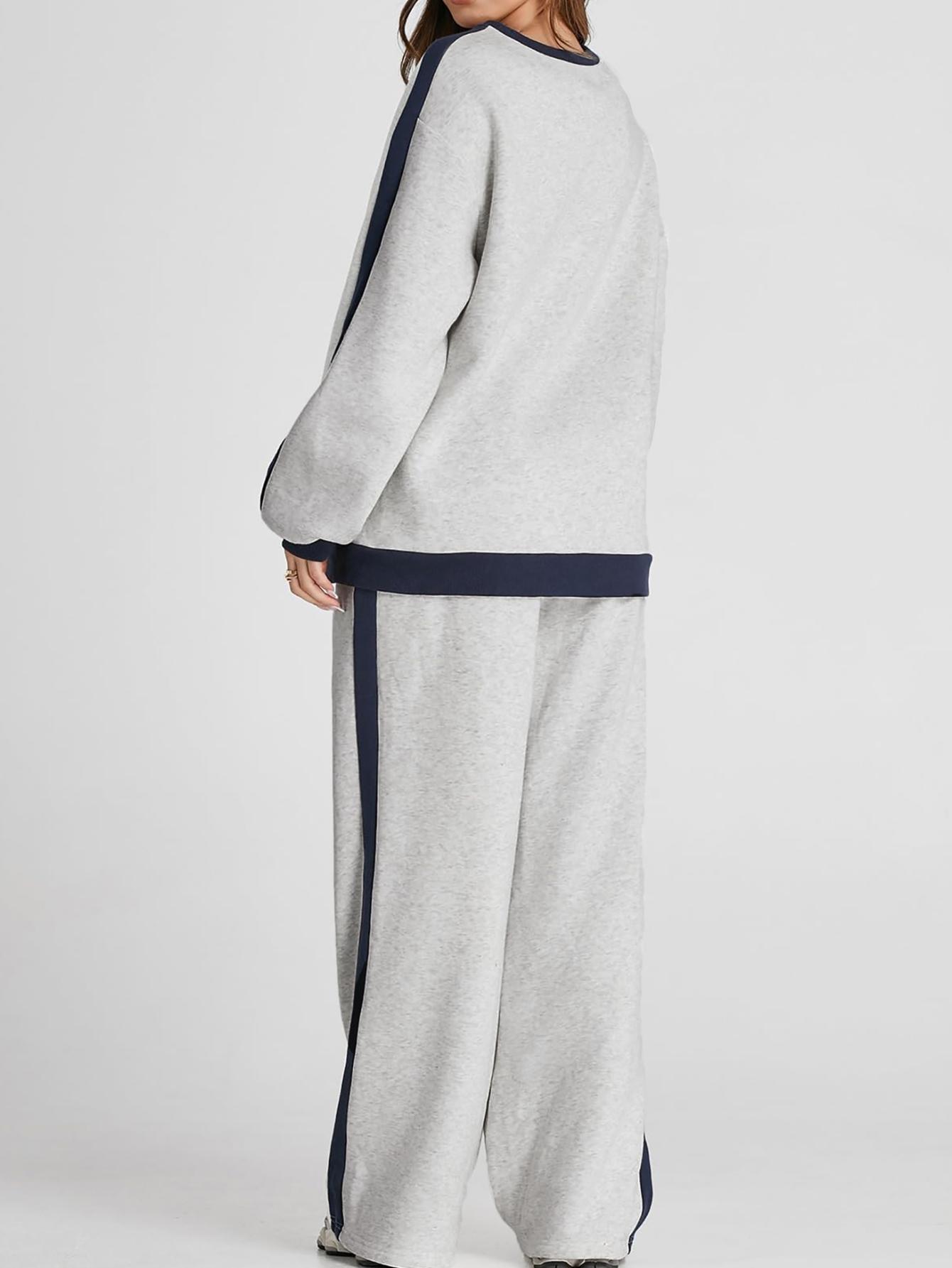 Women's Color Contrast Patchwork Causal Jogging Suit Set,Crew Neck Long Sleeve Top & Straight Trousers Set,Fashion Sweatshirt suit