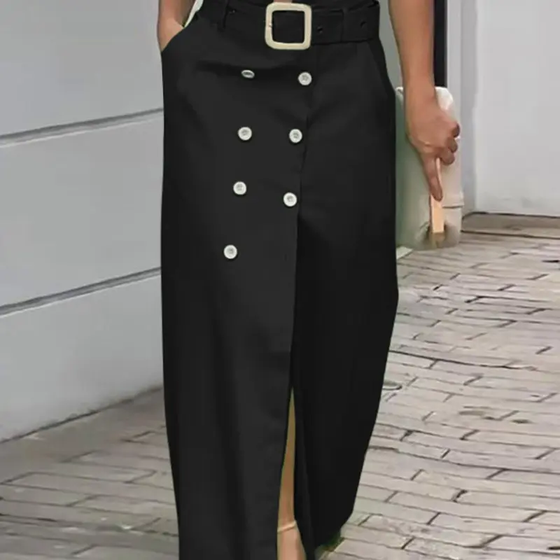 VONDA Women's Office Commute Solid Color High Waist Skirt, Split Long Midi Skirt, Button Design, with Belt, Elegant and Professional Style