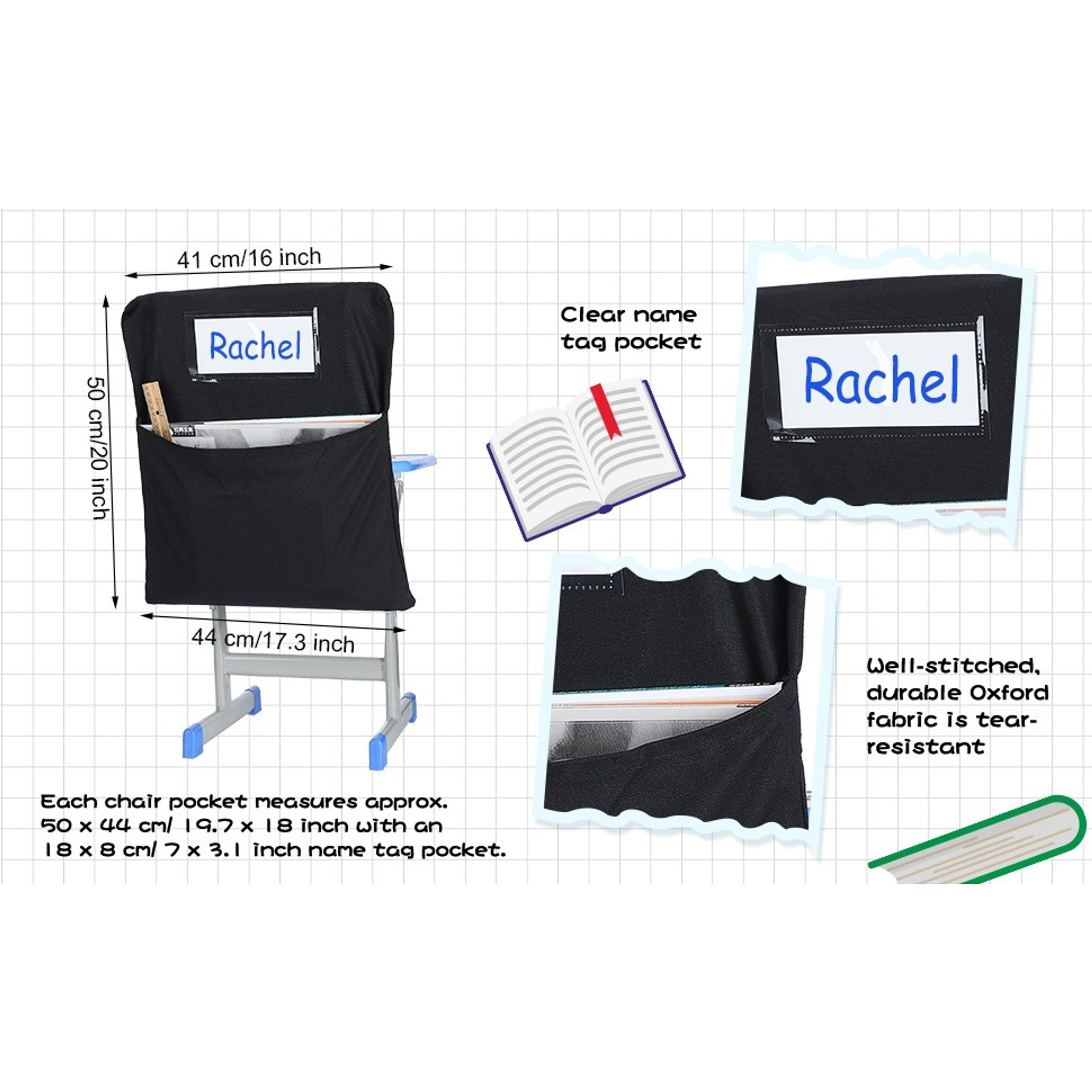 6 Pack 17 Inch Chairback Chart Student Chair Pockets, Black | Chair Back Classroom Organizer, with Name Tag, Chairback Storage Bags, Desk Organizer for Keeping Book Table Desk Organized 6 Pack 17 Inch Chairback Chart Student Chair Pockets, Black | Chair Back Classroom Organizer, with Name Tag, Chairback Storage Bags, Desk Organizer for Keeping Book Table Desk Organized