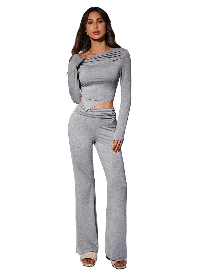 Women's Two-Piece Casual Set, Long-Sleeved Draped Neckline, Off-The-Shoulder Crop Top, Asymmetrical Hem, Flared Trousers, Everyday Wear