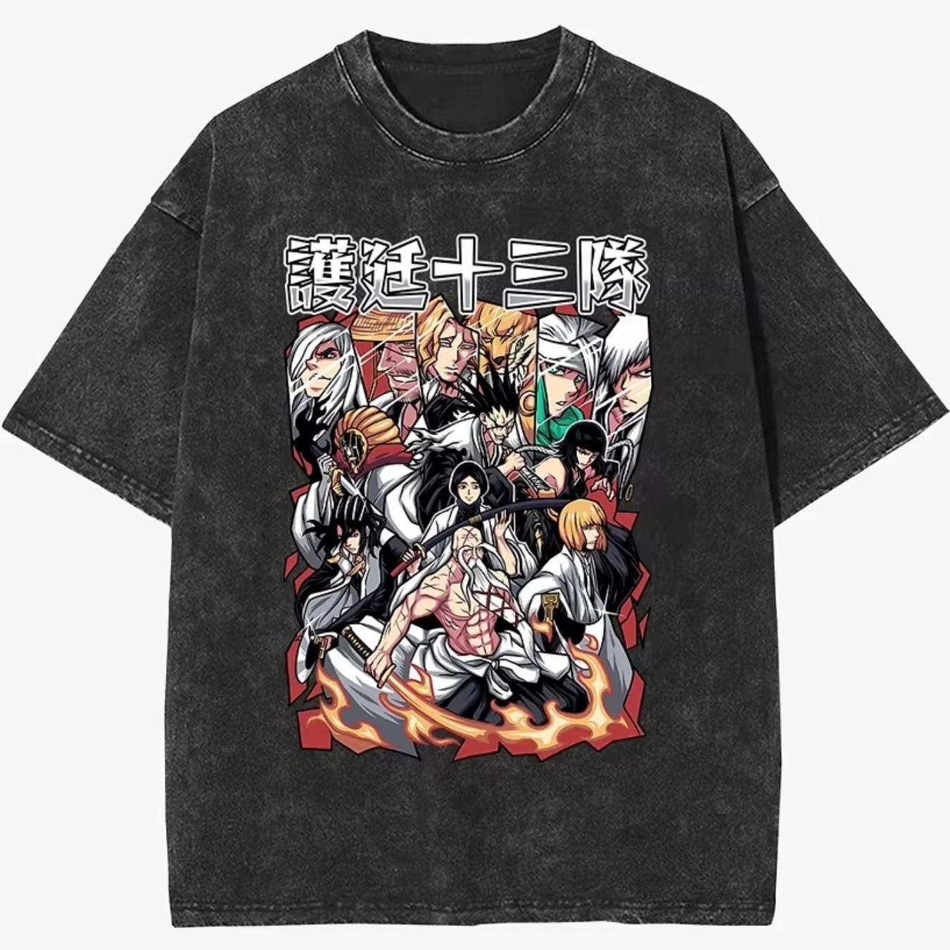 Bleached Ichiro Kurosaki Multi Shaped Hollow and Zangetsu Retro Washed Anime Printed T-shirt 2026 Men's and Women's Summer Oversized Shirt Casual Streetwear