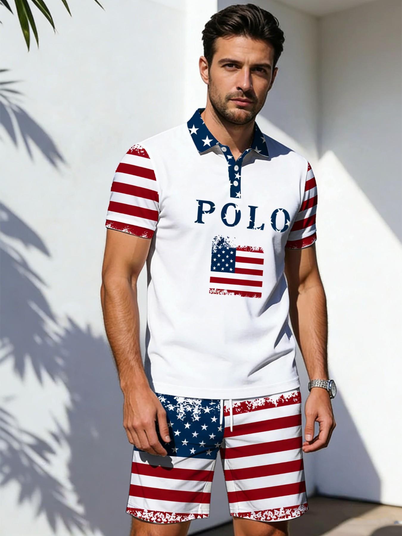 Independence Day Polo Letter Theme Men's Polo Shirt, Star-Spangled Flag Print, Casual Two-Piece Set, Short Sleeve, Loose-Fit Tee and Shorts