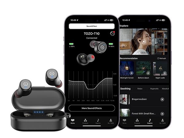 TOZO-T10 (Ergonomic Edition) Wireless Earbuds Bluetooth 5.3 Headphones, App Customize EQ, Ergonomic Design, 55H Playtime, Wireless Charging Case, IPX8 Waterproof Sound in-Ear Headset, 2024 New Version FathersDayGift Audio Electronic