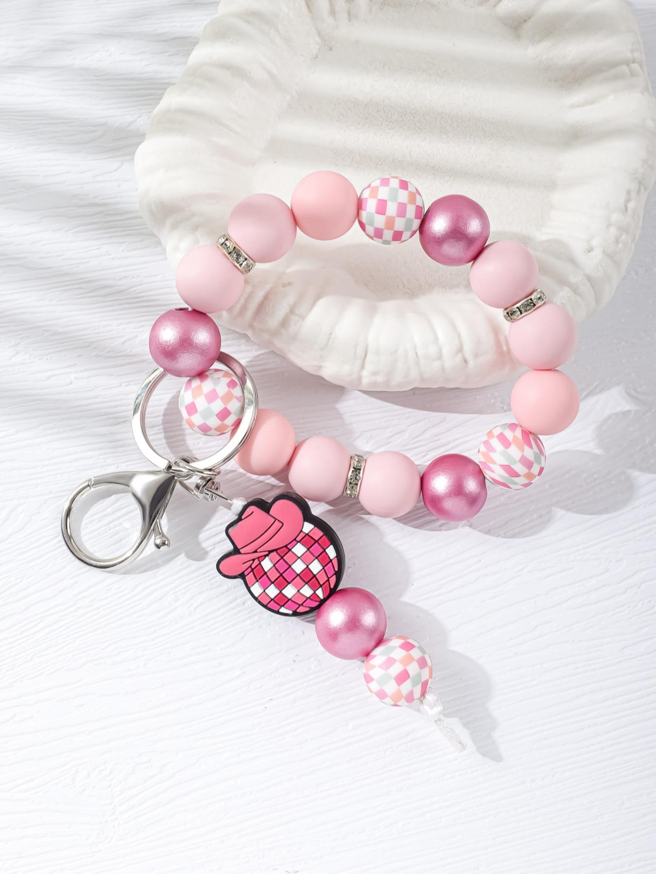 Cowboy Hat Disco Ball Beaded Keychain, Bow Checkered Silicone Wristlet, Y2K Style Bag Charm, Handmade Anti-Lost Keychain