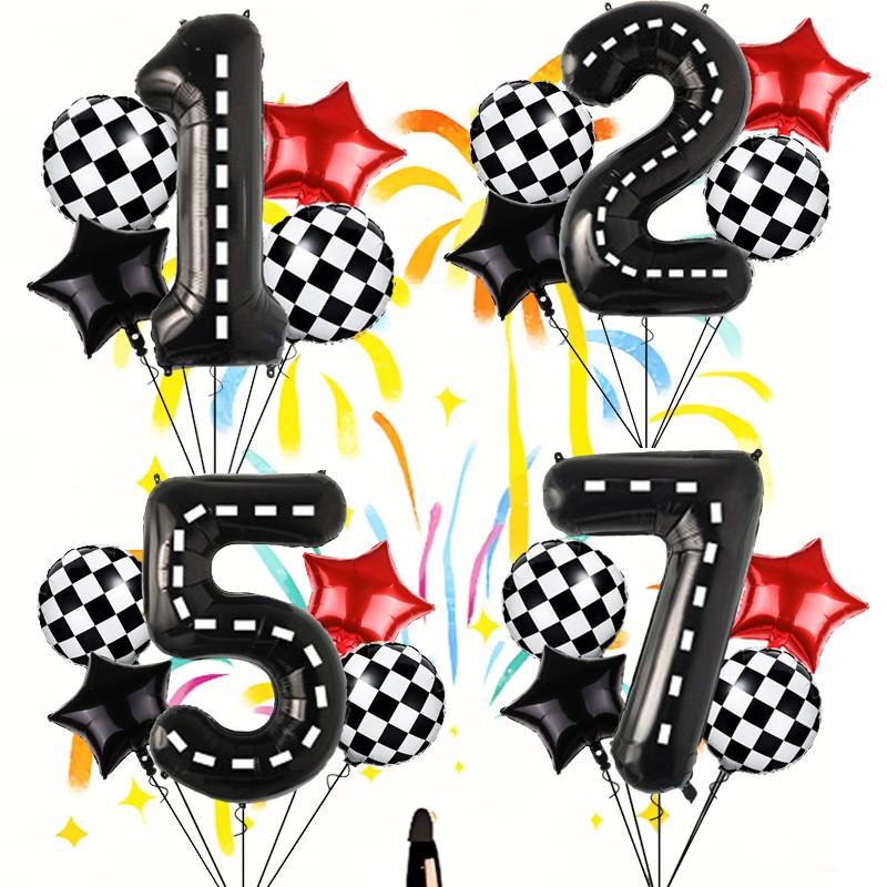 Race Car Theme Number Star Balloons, Checkered Foil, Multi Shape Mixed Color Set, Boys Birthday Party Decor