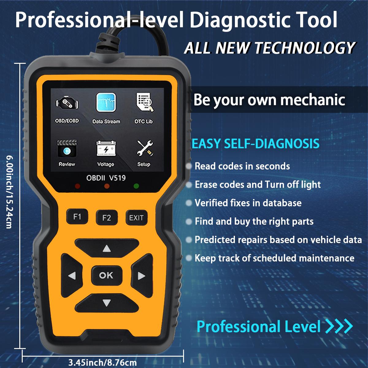 Car OBD2 Scanner Diagnostic Tool Code Reader, Car Voltage Tester Engine Fault Code Scanner, Charging Tester Diagnostic Tool For OBDII Protocol Cars V519-Yellow Live Data Stream