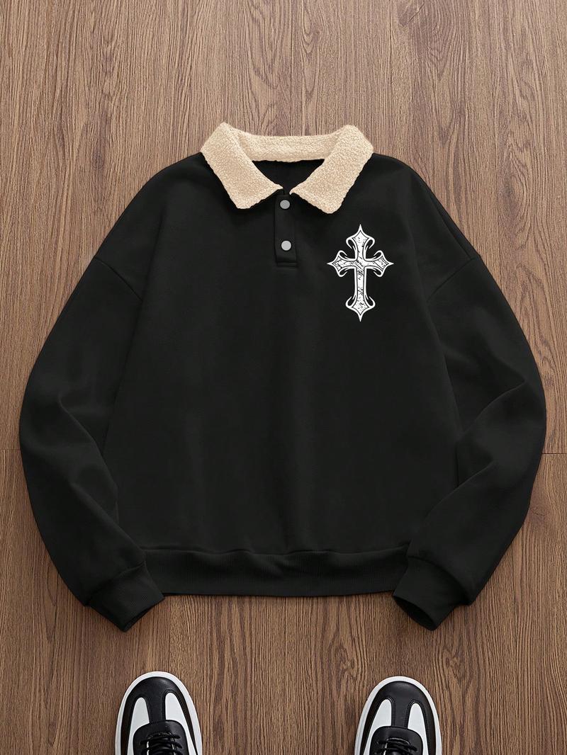 Men's Fleece Pullover Sweatshirt, Winter Warm Windproof Design, Trendy Cross Print Hoodie with Button Detail, Preppy Style Men's Fleece Pullover Sweatshirt, Winter Warm Windproof Design, Trendy Cross Print Hoodie with Button Detail, Preppy Style