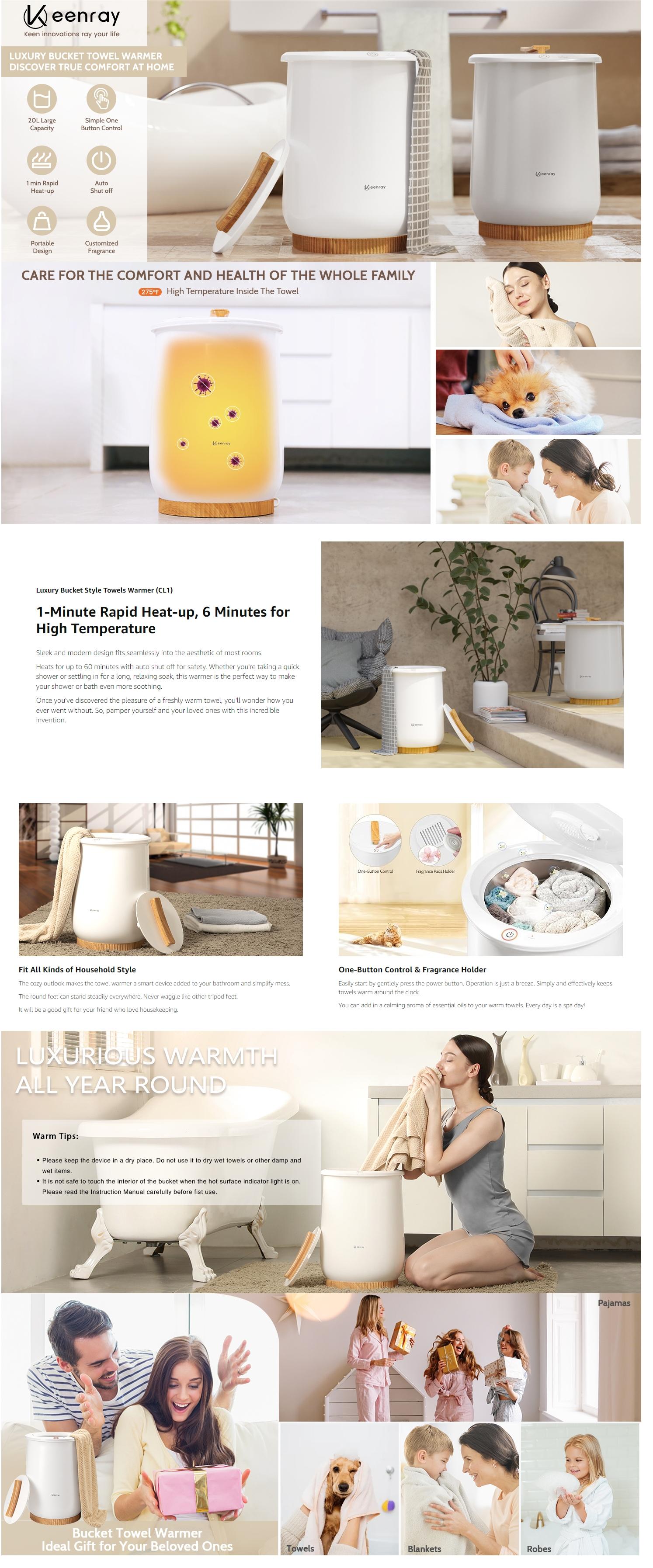 Keenray Towel Warmers, Luxury Bucket Towel Warmer, Large Towel Warmer for Bathroom, Auto Shut Off, Fits Up to Two 40"X70" Oversized Towels, Bathrobes, Blankets, PJ's and More, CL1