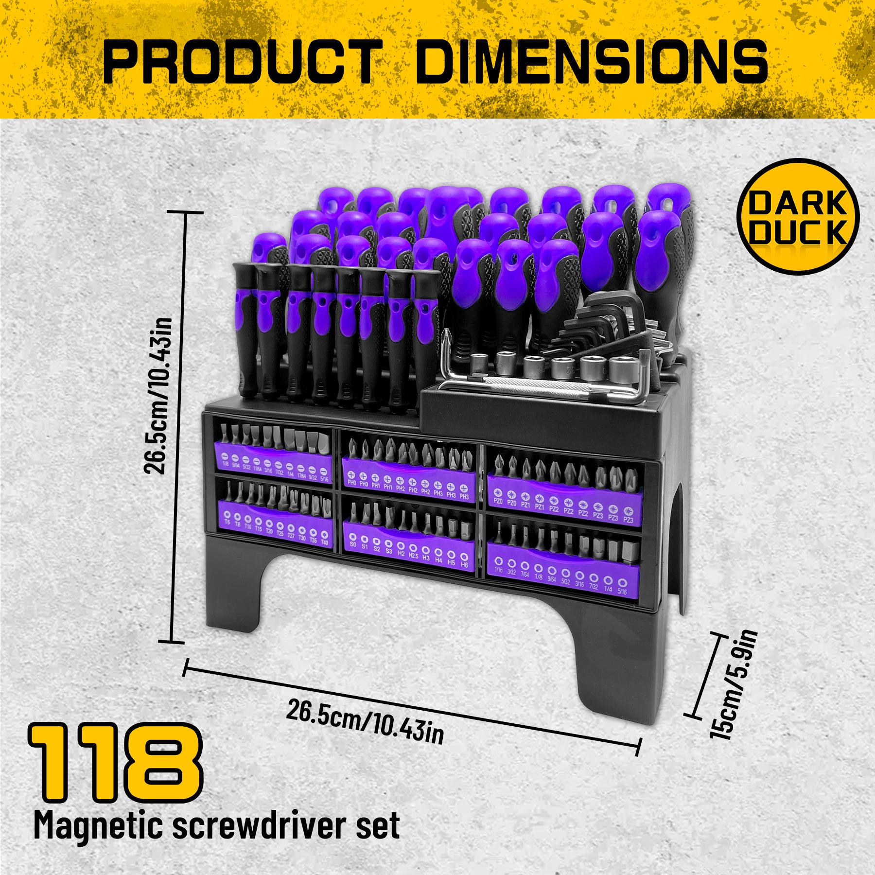 DARK DUCK  Purple 118-Pc Chrome Vanadium Steel Screwdriver Set - Magnetic Hex/Flat/Star Beads, Non-Slip Grip & Storage Rack - Ultimate DIY Tool Kit for Woodworking/Mechanics (Includes Bowl/Gloves)