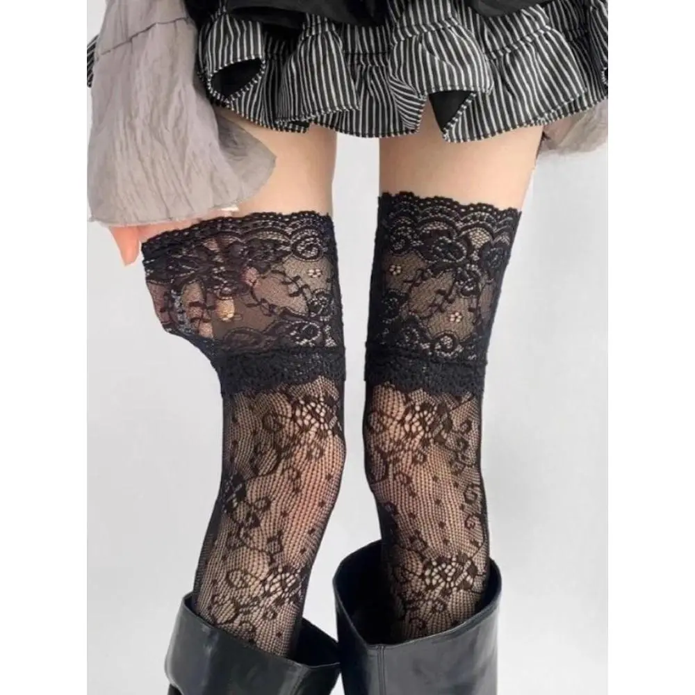Women's Sexy Lace Trim Nylon Fishnet Stockings Retro Floral Sweet Mesh Breathable Thigh High Long Socks JK Over The Knee Socks