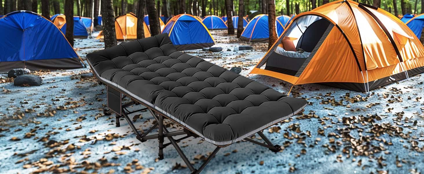Lilypelle Oversized XXL Folding Camping Cot, 75" L x 28" W x 14"H / 78" L x 32" W x 18"H Heavy Duty Sleeping Cots w/Carry Bag, Up to 990LBS, Druable Triangular Construction, Double Layer Oxford Portable Travel Camp Cots
