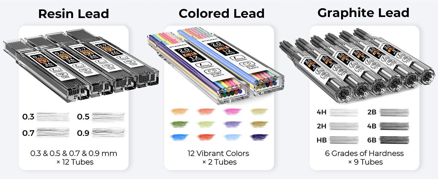 STAGEEK 37PCS Art Mechanical Pencil Set, Drafting Pencil 5 Sizes- 0.3, 0.5, 0.7, 0.9MM & 2PCS 2.0MM Mechanical Drawing Pencils with 492PCS Leads (6B 4B 2B HB 2H 4H Color) for Artist Sketching Drawing&Ballpoint Pen for Student Stationary College Essentials
