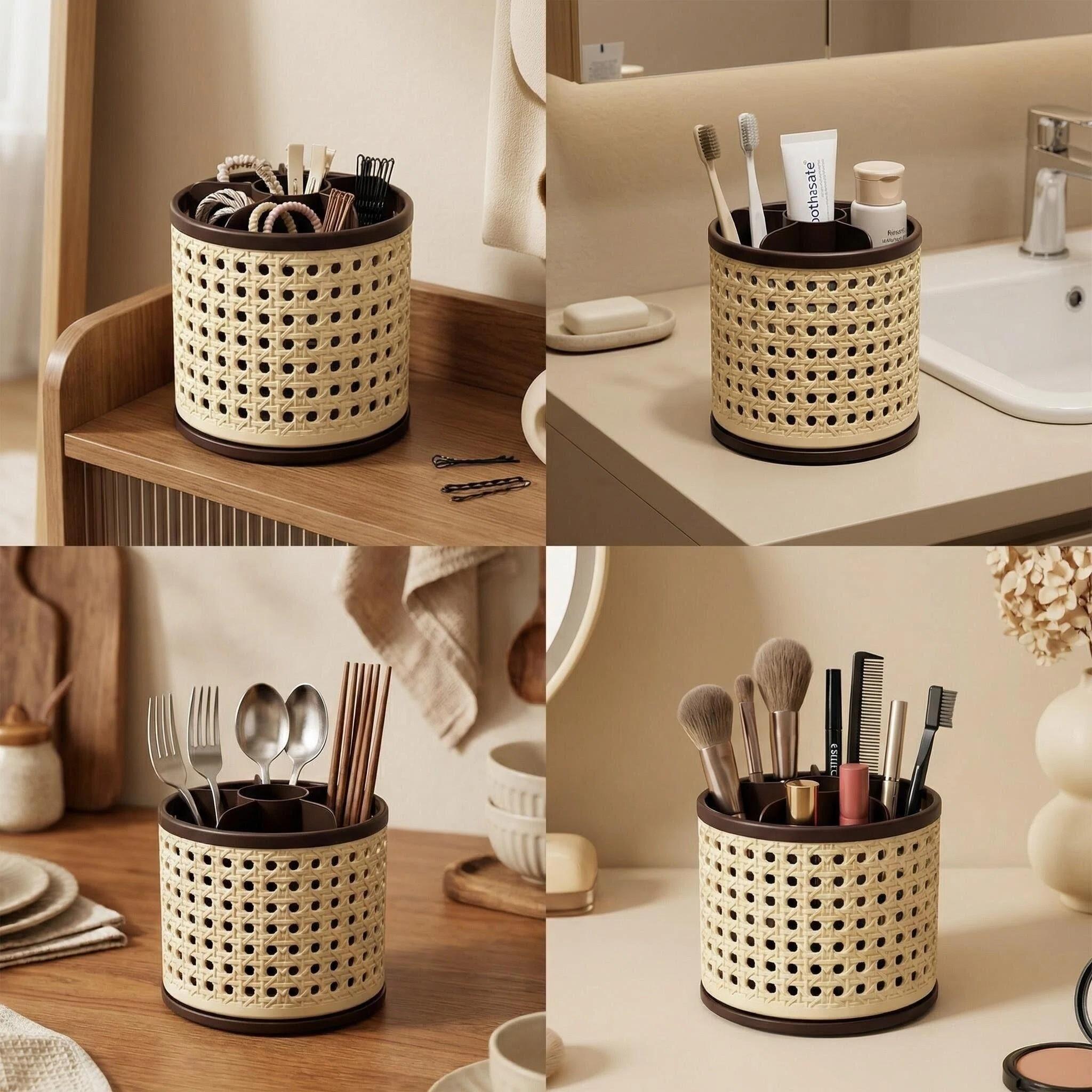 Vintage Woven Makeup Organizer, Large Capacity Rotating Desk Pen Holder, Detachable Easy Clean Compartment Brush Storage Box