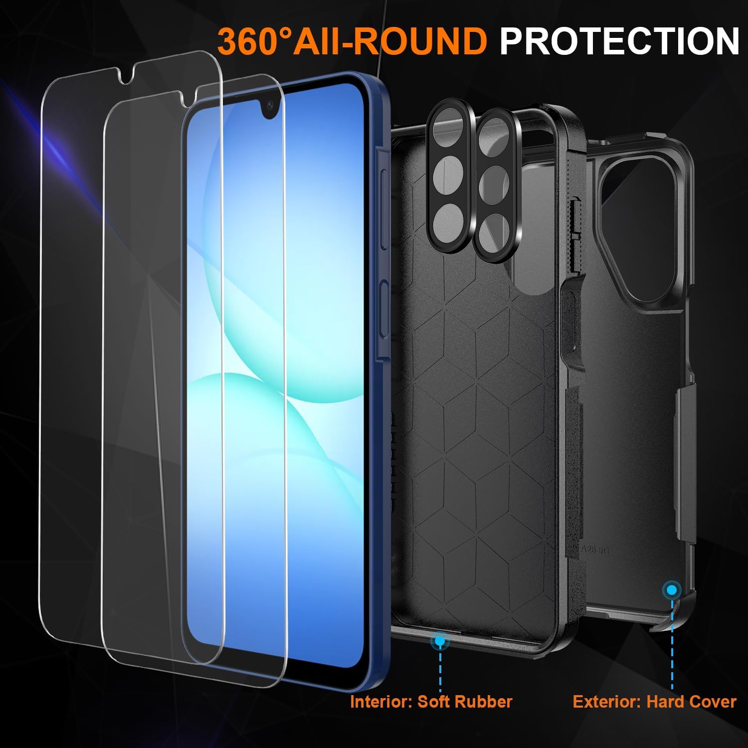 Phone Case: 3pcs (1 Phone Case + 2 Screen Protectors) Heavy-Duty Protective Shockproof Hard Phone Case Suitable for Samsung A17 A16 A15 A56 A36 A55 A35 4G 5G S26 S25 Ultra S24 S24 S23 Ultra S23 FE S22 Ultra S22Plus S21 ULtra Plus FE 4G 5G Cellphone