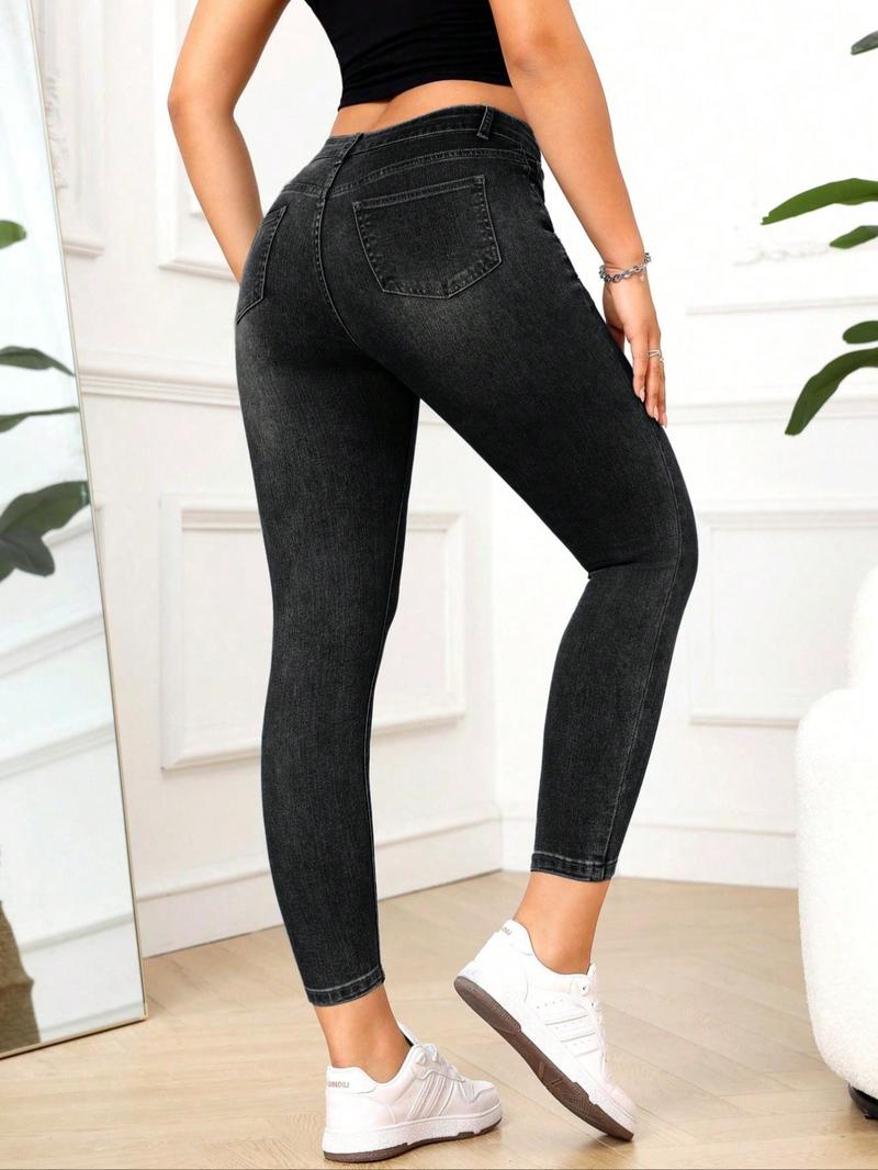 Women's Petite High-Waisted Elastic Belted Pocket Skinny Jeans, Casual Slim Fit Ninth-Trousers, All-Season Wear, Elegant Daily
